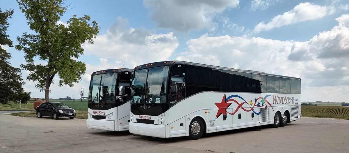 Two tour coaches parked at the farm